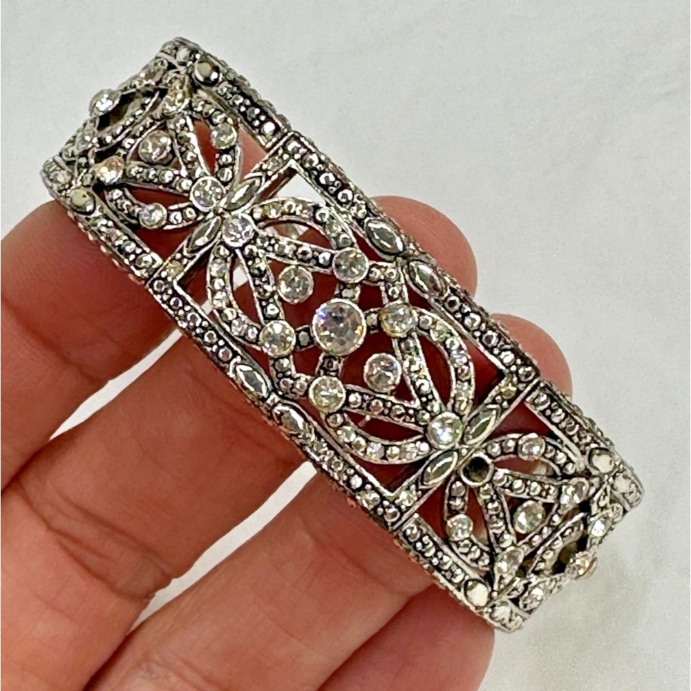 Monet Crystal Cuff Bracelet Cut Out Ornate Silver Tone Rhinestones Flexible Vtg